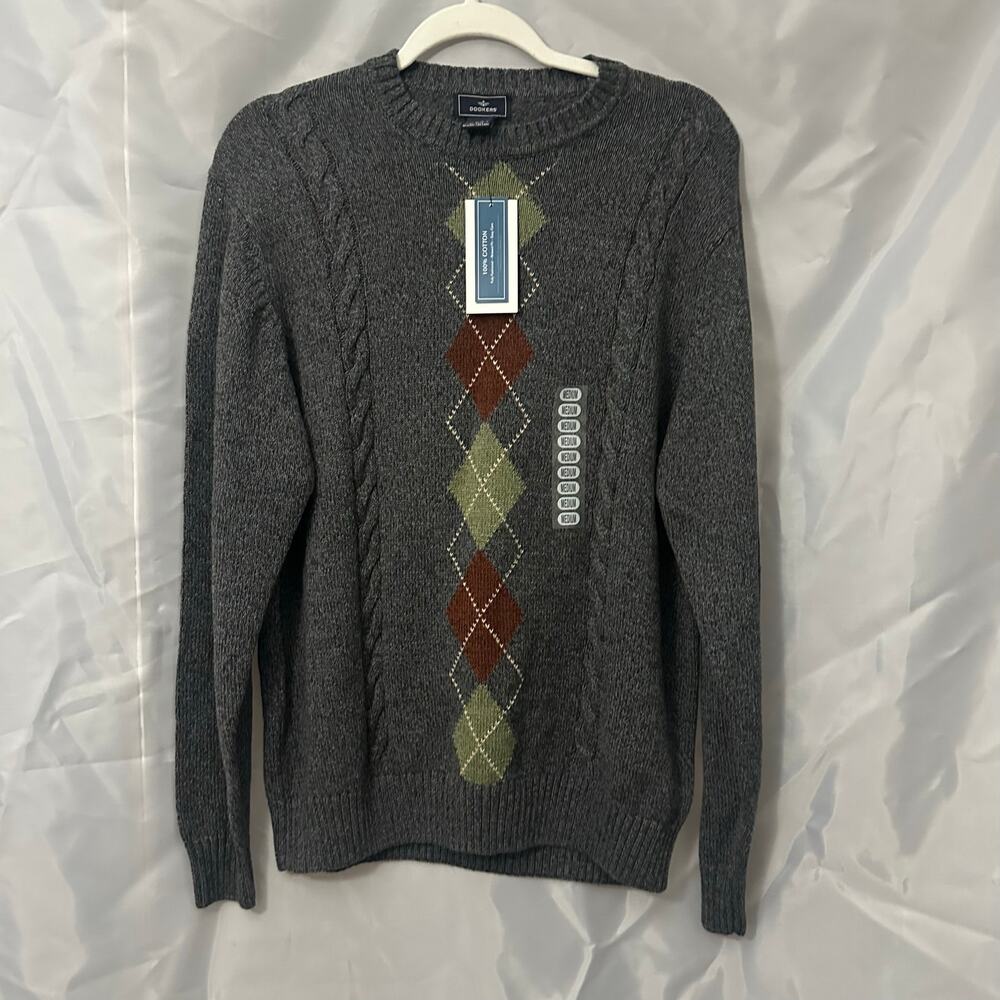 Dockers Men’s Sweater Medium Gray Argyle Cable Knit Crew Neck NWT